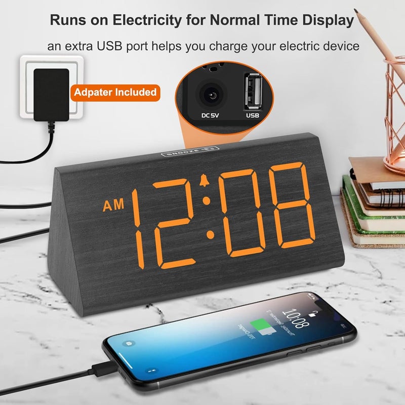 دريم سكاي منبه خشبي رقمي من لغرفة النوم - ساعة مكتب كهربائية RGB بأرقام كبيرة، منفذ USB، إنذار عالٍ للنوم الثقيل، تحكم في الخافت ومستوى الصوت، غفوة، ديكور خشبي (يعمل بمحول) - Image 5