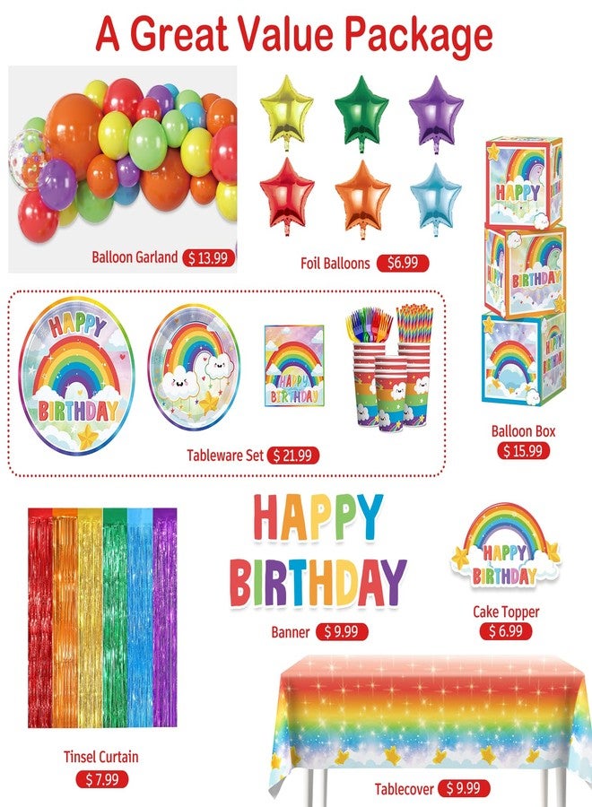 Cocomigo 245 Pcs Rainbow Birthday Decorations, All-in-one Rainbow Party Decorations with Plates, Banner, Balloon Arch, Fringe Curtain for Rainbow Birthday Party Decorations, 20 Guests - Image 3
