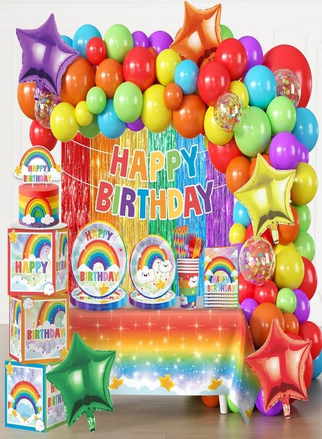Cocomigo 245 Pcs Rainbow Birthday Decorations, All-in-one Rainbow Party Decorations with Plates, Banner, Balloon Arch, Fringe Curtain for Rainbow Birthday Party Decorations, 20 Guests - Image 1