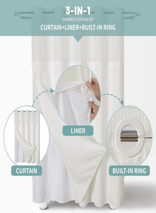 eachope Cream No Hook Waffle Weave Shower Curtain with snap-in Liner Replacement, 230GSM Waterproof Fabric Hotel Shower Curtain Set for Bathroom, Through Mesh Top Window,71Wx74H - Image 2