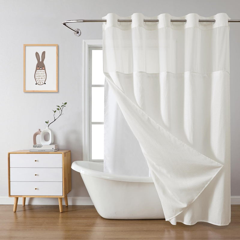 eachope Cream No Hook Waffle Weave Shower Curtain with snap-in Liner Replacement, 230GSM Waterproof Fabric Hotel Shower Curtain Set for Bathroom, Through Mesh Top Window,71Wx74H - Image 1
