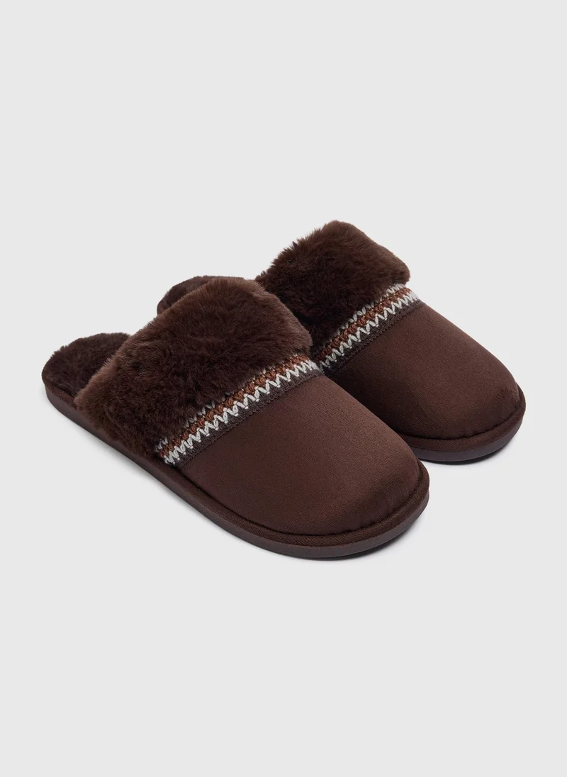 Matalan Brown Embroidered Mule Slippers