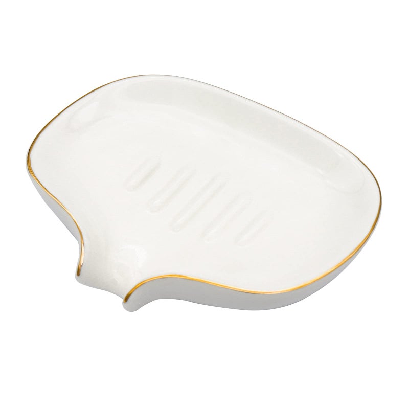 Polyroyal White Soap Dish Ceramic Self Draining Soap Dish Waterfall Slot Gold Edge Bathroom Accessories for Bathroom KitchenBar Counter
