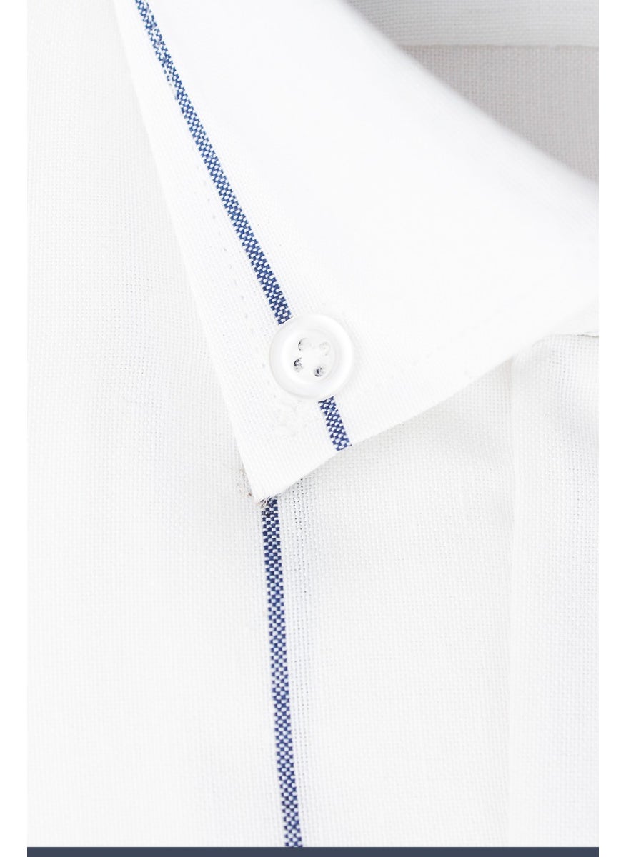 Men's White Striped Collar Buttoned Long Sleeve Shirt