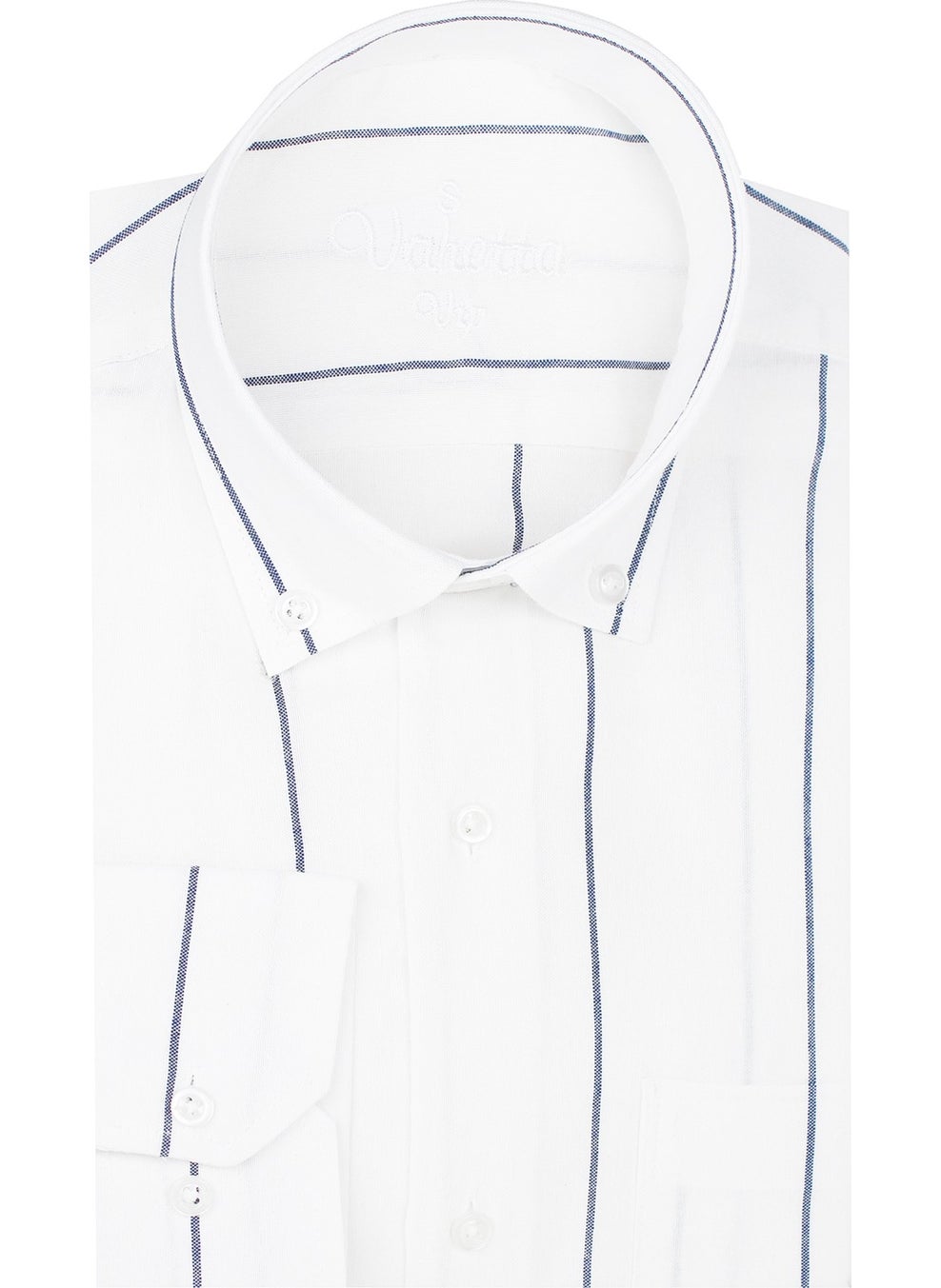 Men's White Striped Collar Buttoned Long Sleeve Shirt