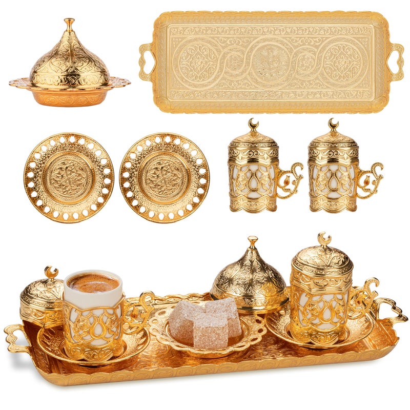 Alisveristime Ottoman Turkish Greek Arabic Espresso Coffee Cups with Saucer and Lid (Set of 2) (Hilal) (Gold) - Image 1