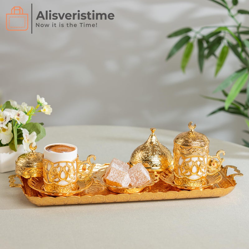 Alisveristime Ottoman Turkish Greek Arabic Espresso Coffee Cups with Saucer and Lid (Set of 2) (Hilal) (Gold) - Image 2