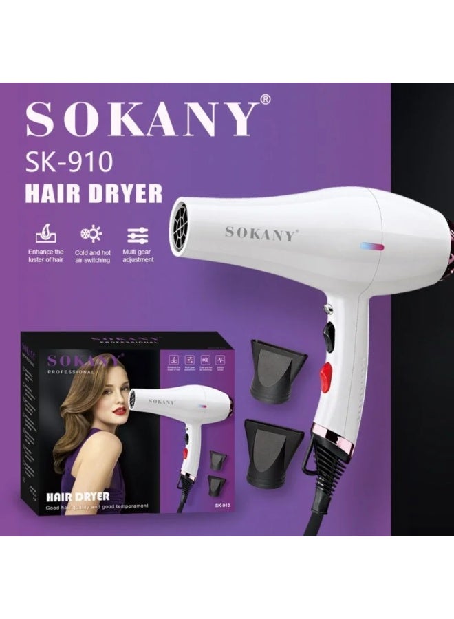sokany SK-910 Professional Hot & Cold Hair Dryer 2400W , Fast Drying & Hair Straightening Blow Dryer, Anti-Frizz Smooth Finish, Safe for All Hair Types, Stylish White Design, On/Off Button, Suitable for Short & Long Hair, Salon & Home Use - Image 2