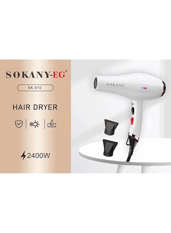 sokany SK-910 Professional Hot & Cold Hair Dryer 2400W , Fast Drying & Hair Straightening Blow Dryer, Anti-Frizz Smooth Finish, Safe for All Hair Types, Stylish White Design, On/Off Button, Suitable for Short & Long Hair, Salon & Home Use - Image 3
