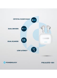 Powerology Hybrid ANC+ENC 6MIC True Wireless Buds/ V5.3 Bluetooth/ 50ms Low Latency / 6H Playtime / 50H Standby Time/ Dual EQ Mode - White  - Image 2