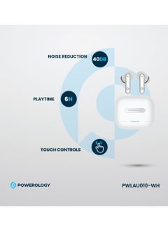 Powerology Hybrid ANC+ENC 6MIC True Wireless Buds/ V5.3 Bluetooth/ 50ms Low Latency / 6H Playtime / 50H Standby Time/ Dual EQ Mode - White  - Image 3