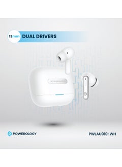 Powerology Hybrid ANC+ENC 6MIC True Wireless Buds/ V5.3 Bluetooth/ 50ms Low Latency / 6H Playtime / 50H Standby Time/ Dual EQ Mode - White  - Image 5