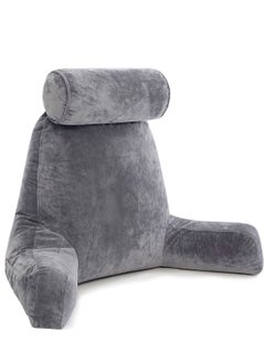 Dark Grey Backrest with Arms - Adult Reading Pillow Shredded Memory Foam, Ultra-Comfy Removable Microplush Cover & Detachable Neck Roll, Support Bed Rest Sit Up Pillow