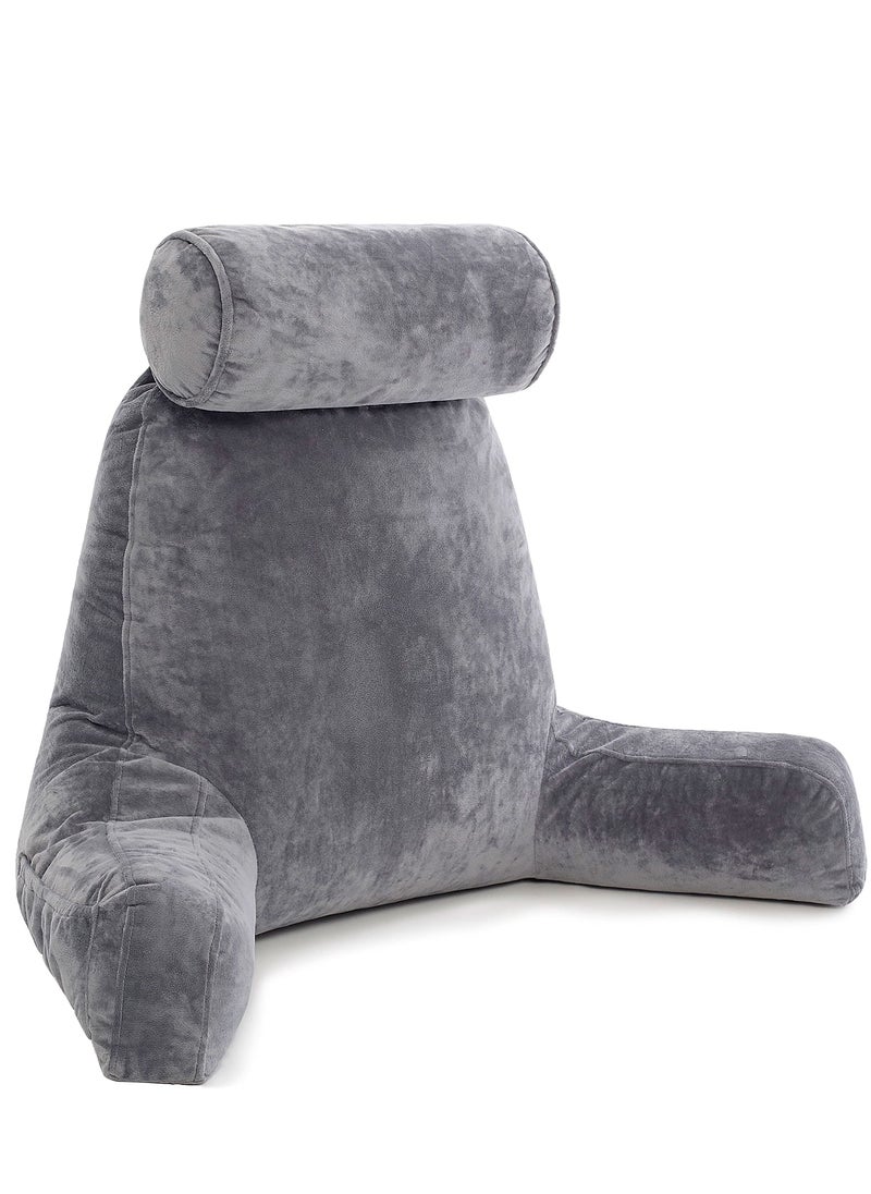 MIXDE - Dark Grey Backrest with Arms - Adult Reading Pillow Shredded Memory Foam, Ultra-Comfy Removable Microplush Cover & Detachable Neck Roll, Support Bed Rest Sit Up Pillow - Image 1