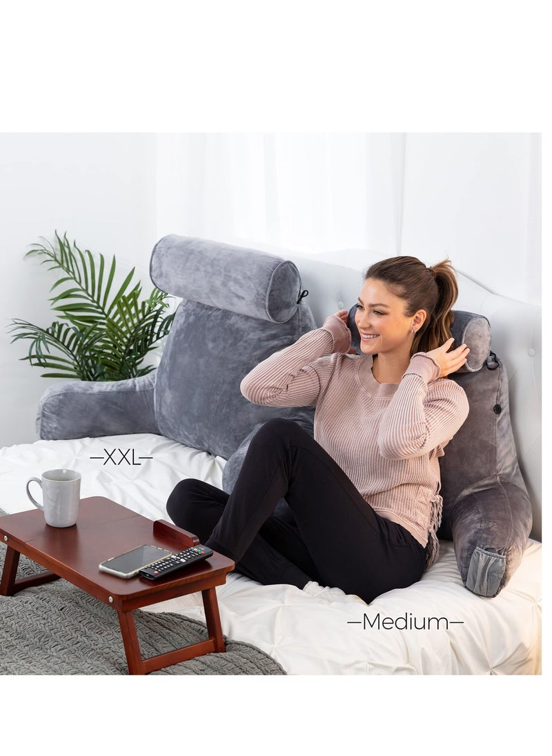 MIXDE - Dark Grey Backrest with Arms - Adult Reading Pillow Shredded Memory Foam, Ultra-Comfy Removable Microplush Cover & Detachable Neck Roll, Support Bed Rest Sit Up Pillow - Image 1