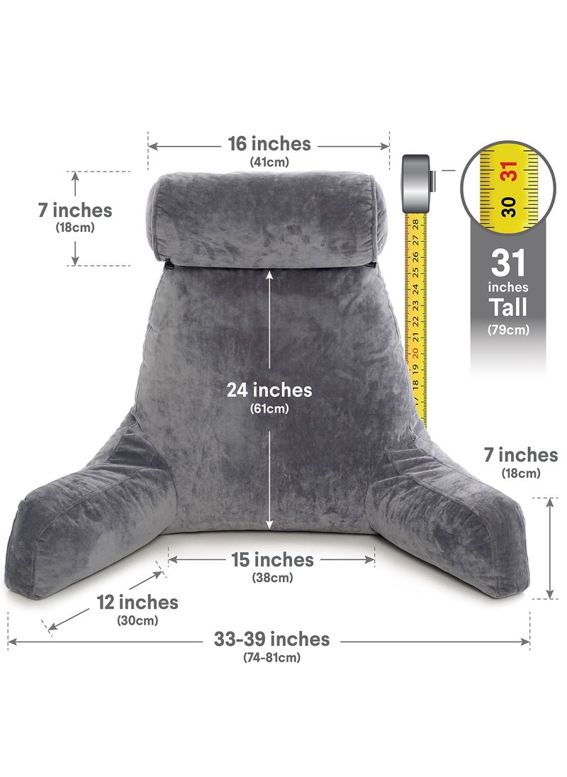 MIXDE - Dark Grey Backrest with Arms - Adult Reading Pillow Shredded Memory Foam, Ultra-Comfy Removable Microplush Cover & Detachable Neck Roll, Support Bed Rest Sit Up Pillow - Image 1