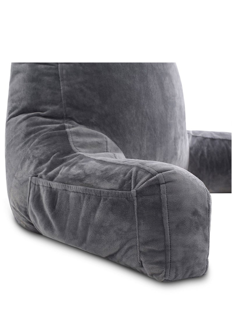 MIXDE - Dark Grey Backrest with Arms - Adult Reading Pillow Shredded Memory Foam, Ultra-Comfy Removable Microplush Cover & Detachable Neck Roll, Support Bed Rest Sit Up Pillow - Image 1