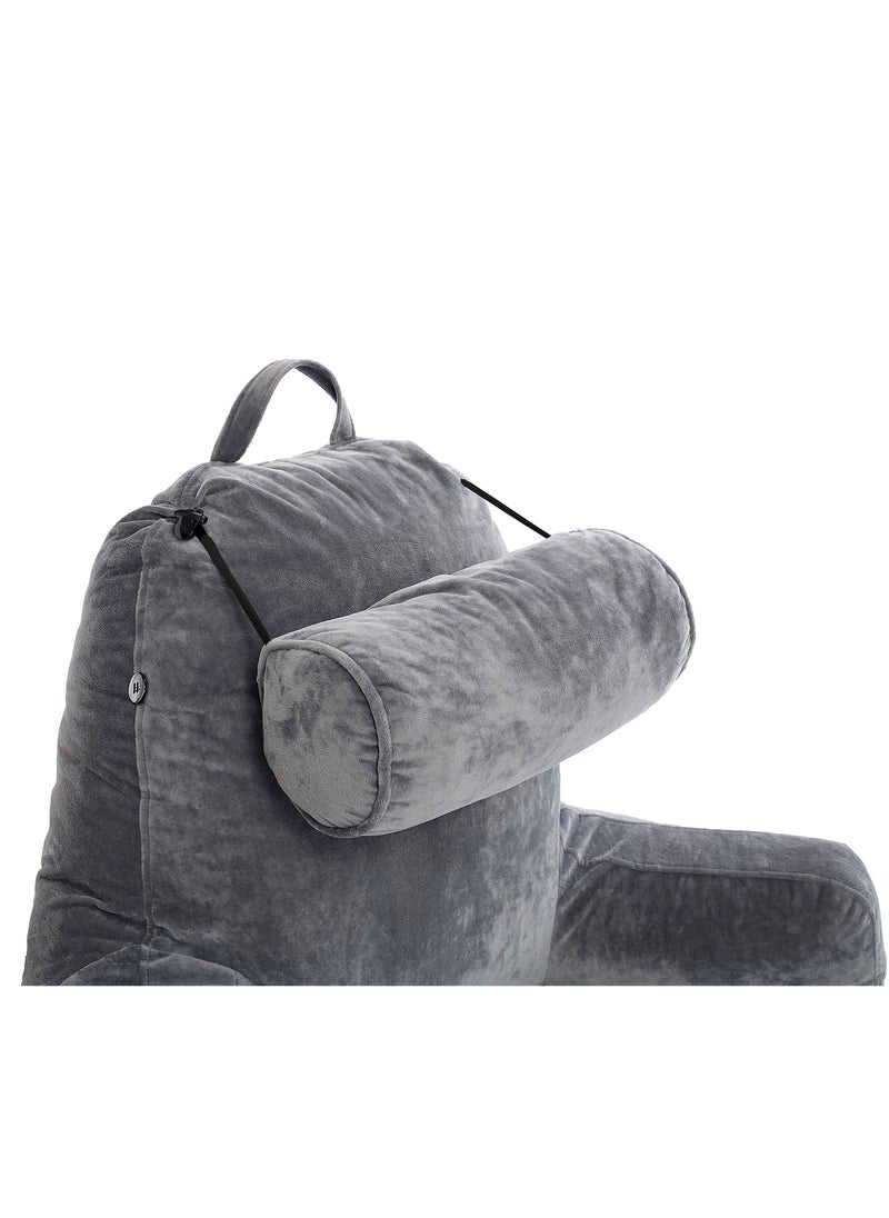 MIXDE - Dark Grey Backrest with Arms - Adult Reading Pillow Shredded Memory Foam, Ultra-Comfy Removable Microplush Cover & Detachable Neck Roll, Support Bed Rest Sit Up Pillow - Image 1