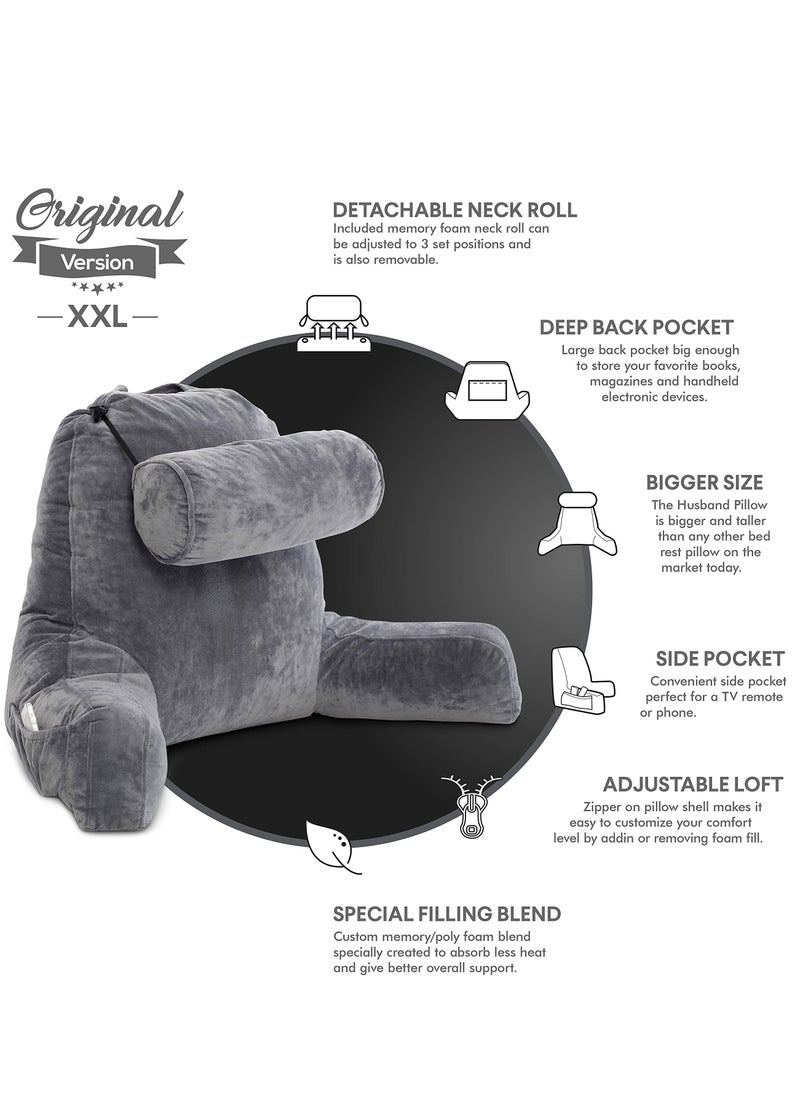 MIXDE - Dark Grey Backrest with Arms - Adult Reading Pillow Shredded Memory Foam, Ultra-Comfy Removable Microplush Cover & Detachable Neck Roll, Support Bed Rest Sit Up Pillow - Image 1