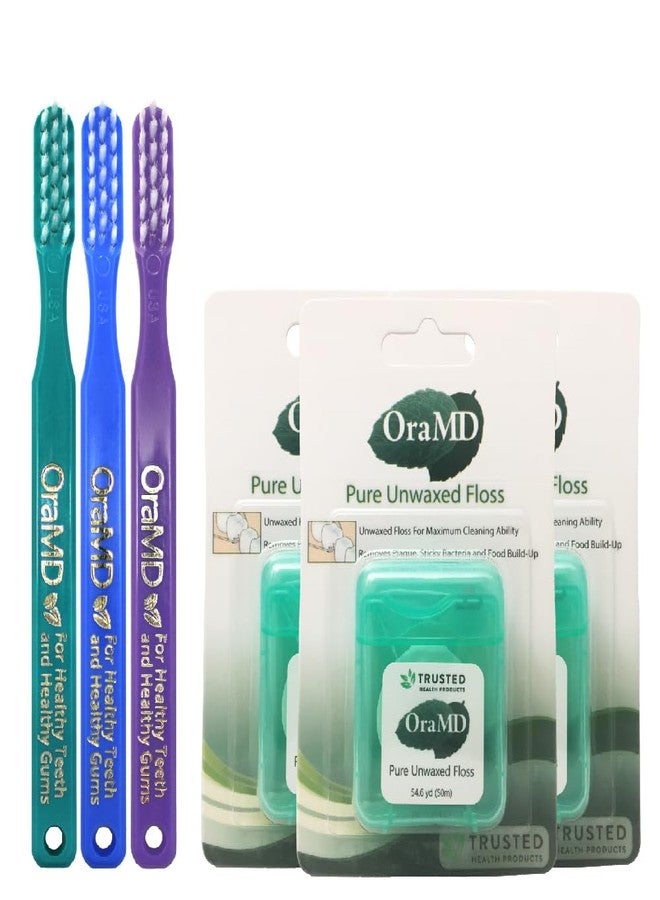 OraMD Bass Toothbrush Pure Unwaxed Dental Floss Packs (3 Pieces Each)