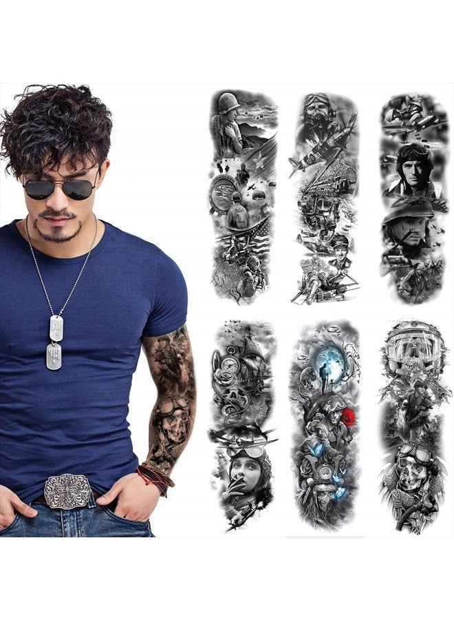 Leoars Militray Tattoo Sleeve Black Fake War Tattoo Full Arm Sleeve Temporary Tattoo Stickers Body Art for Man Women, 6-Sheet - Image 1