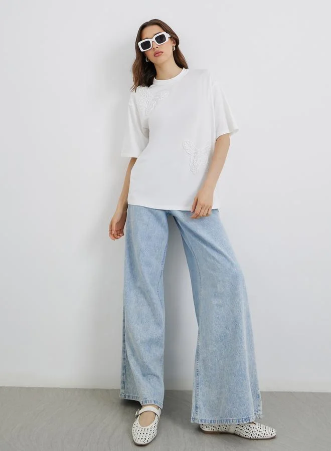 تايك تو Take Two Lace Detail Short Sleeve Oversized T-Shirt