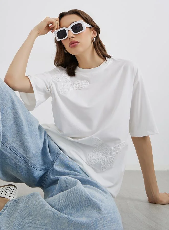تايك تو Take Two Lace Detail Short Sleeve Oversized T-Shirt