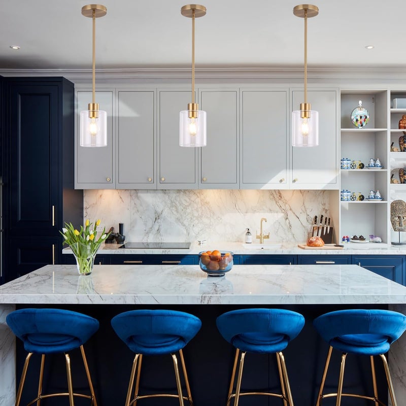 KLSS Brass Pendant Lights Kitchen Island,Modern Farmhouse Clear Glass Pendant Light,Gold Light Fixture Kitchen Pendant Mini Hanging Light Fixture for Sink (Brass 2 Pack stem Rod) - Image 1