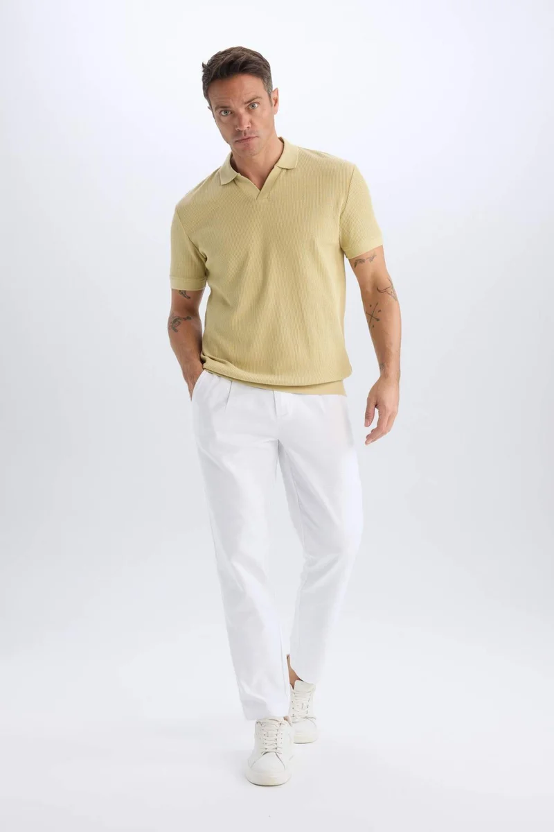 DeFacto 100% Cotton Relax Fit Straight Leg Linen Look White Trousers