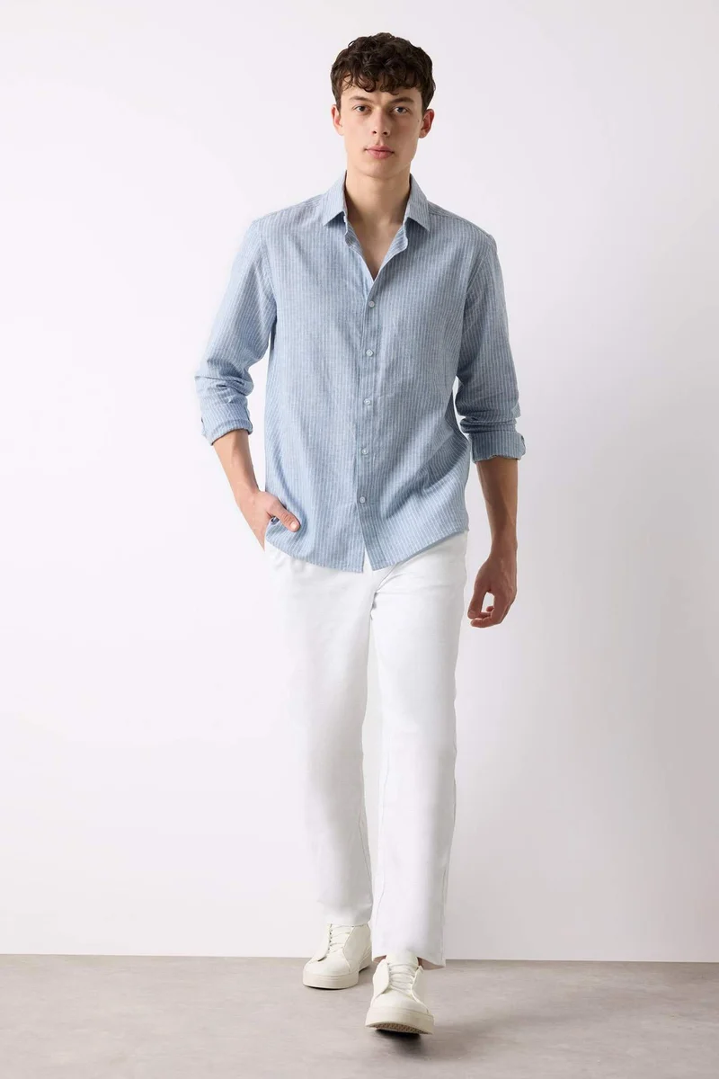 DeFacto 100% Cotton Relax Fit Straight Leg Linen Look White Trousers