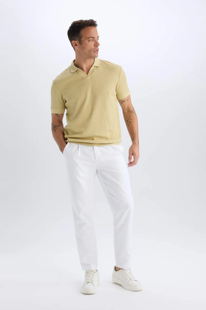 Defacto  100% Cotton Relax Fit Straight Leg Linen Look White Trousers for Men | Best Price UAE