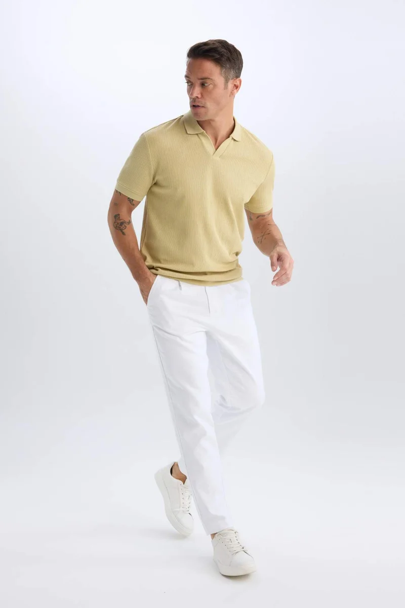 Defacto  100% Cotton Relax Fit Straight Leg Linen Look White Trousers for Men | Best Price UAE