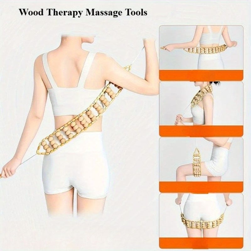 Natural Wooden Beaded Back Massager With Big Pull Back Ergonomic Handles - Image 2