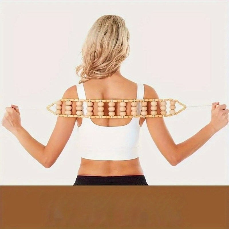 Natural Wooden Beaded Back Massager With Big Pull Back Ergonomic Handles - Image 5