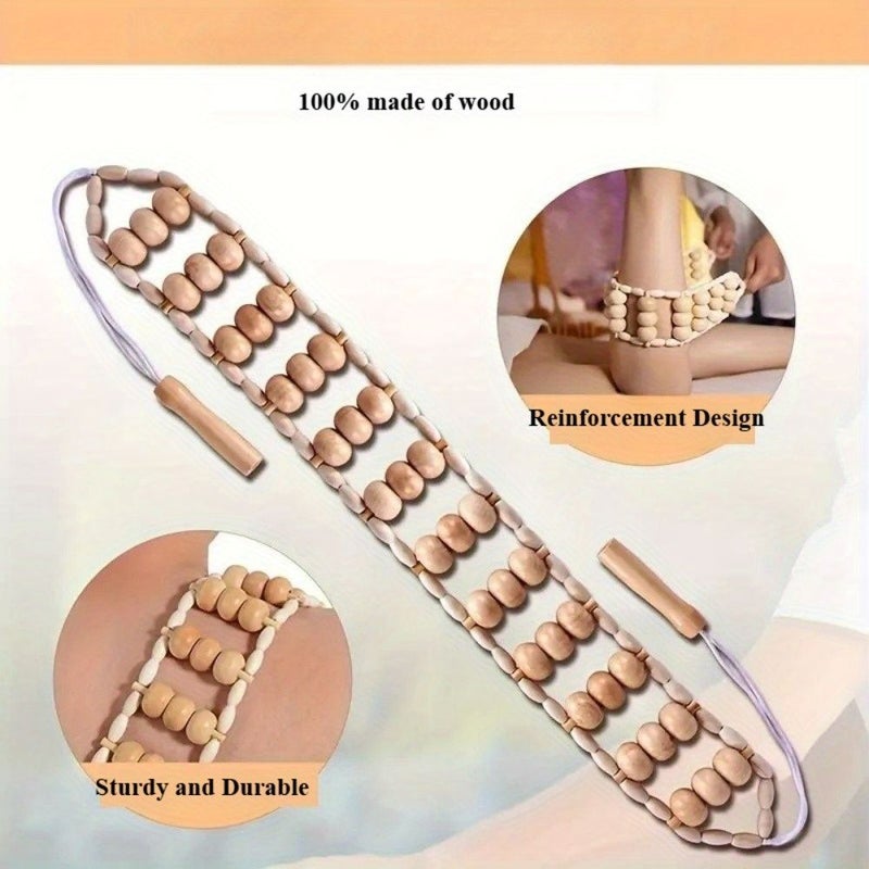 Natural Wooden Beaded Back Massager With Big Pull Back Ergonomic Handles - Image 3