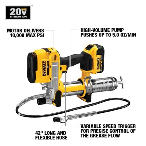 DEWALT طقم مسدس شحم DEWALT 20V MAX مع بطارية وشاحن مسدس شحم لاسلكي، خرطوم 42 بوصة، 10,000 PSI، زناد سرعة متغيرة (DCGG571M1) - Image 2