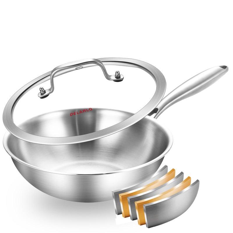DELARLO Whole Body TriPly Stainless Steel Pan 10 inch 5 Ply Stainless Steel Woks  StirFry Pans Deep Kitchen Small Wok Pan with Lids Induction Mini wok 10 Suitable for All Stove Up to 650