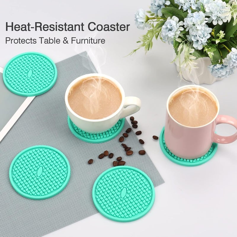 CAETOUNG 3 Pack Silicone Coasters for Drinks, Thickened Coaster with Deep Tray Grooved Design Cup Mat, Washable Heat Resistant Durable Non-Slip Coasters for Coffee Table Wooden Desk Kitchen Bar (Mint Green) - Image 5