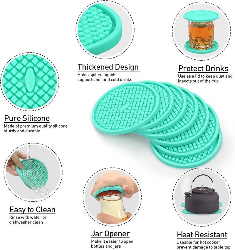 CAETOUNG 3 Pack Silicone Coasters for Drinks, Thickened Coaster with Deep Tray Grooved Design Cup Mat, Washable Heat Resistant Durable Non-Slip Coasters for Coffee Table Wooden Desk Kitchen Bar (Mint Green) - Image 3