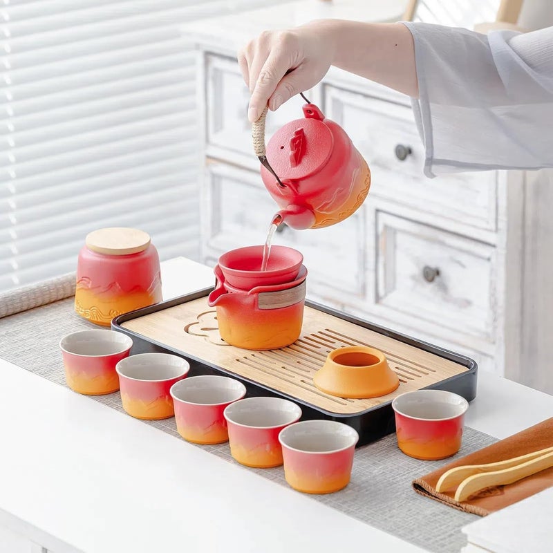 ICHAG Chinese Tea Set, Japanese Tea Sets for Adults, 15-Piece Porcelain Gongfu Tea Set with Teapet & Tea Tray, Japanese Teapot Sets, Travel Tea Party Sets, for Home/Office/Outdoor/Gifts (Red) - Image 2