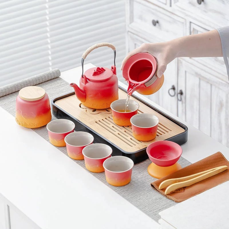 ICHAG Chinese Tea Set, Japanese Tea Sets for Adults, 15-Piece Porcelain Gongfu Tea Set with Teapet & Tea Tray, Japanese Teapot Sets, Travel Tea Party Sets, for Home/Office/Outdoor/Gifts (Red) - Image 3