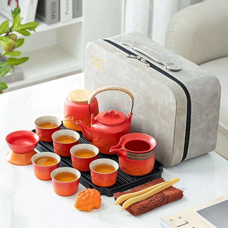 ICHAG Chinese Tea Set, Japanese Tea Sets for Adults, 15-Piece Porcelain Gongfu Tea Set with Teapet & Tea Tray, Japanese Teapot Sets, Travel Tea Party Sets, for Home/Office/Outdoor/Gifts (Red) - Image 1