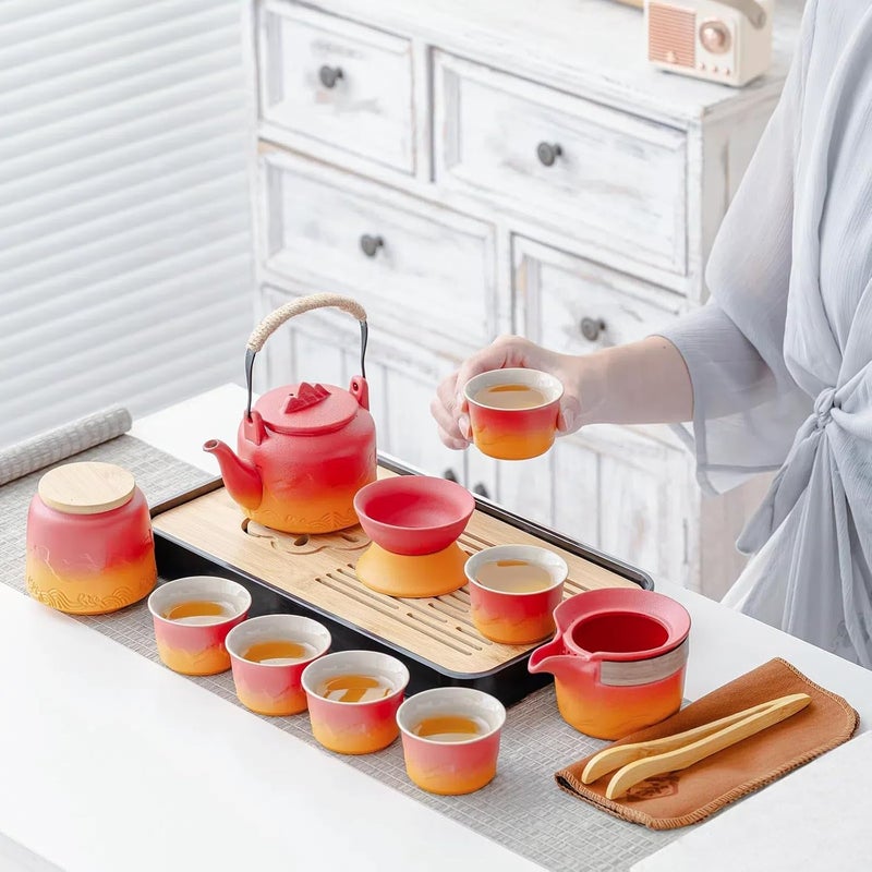 ICHAG Chinese Tea Set, Japanese Tea Sets for Adults, 15-Piece Porcelain Gongfu Tea Set with Teapet & Tea Tray, Japanese Teapot Sets, Travel Tea Party Sets, for Home/Office/Outdoor/Gifts (Red) - Image 5