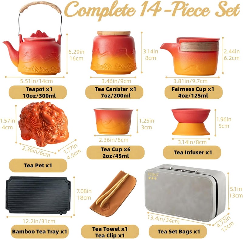 ICHAG Chinese Tea Set, Japanese Tea Sets for Adults, 15-Piece Porcelain Gongfu Tea Set with Teapet & Tea Tray, Japanese Teapot Sets, Travel Tea Party Sets, for Home/Office/Outdoor/Gifts (Red) - Image 4