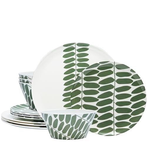 Bzyoo 12-Piece Melamine Dinnerware Set - Leaf | Lightweight, Durable, BPA-Free | Dishwasher Safe Dish Set for Indoor & Outdoor Use - Perfect for Camping, BBQs, Kids - Image 1