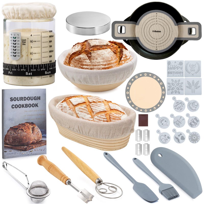Friheten Sourdough Starter KitSourdough Bread Baking Supplies40oz Sourdough Starter JarBanneton Bread Proofing Basket Set with 9 Round 10 OvalSourdough Bread Baking Tools