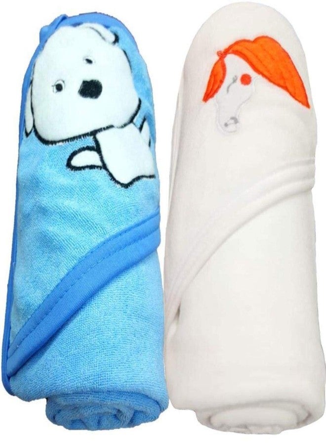 BRANDONN Baby Boy's and Girl's Terry Cotton Baby Bath Towel Cum Baby Wrapper Towel (White, Blue, 0-2 Years) - Combo of 2 - Image 1