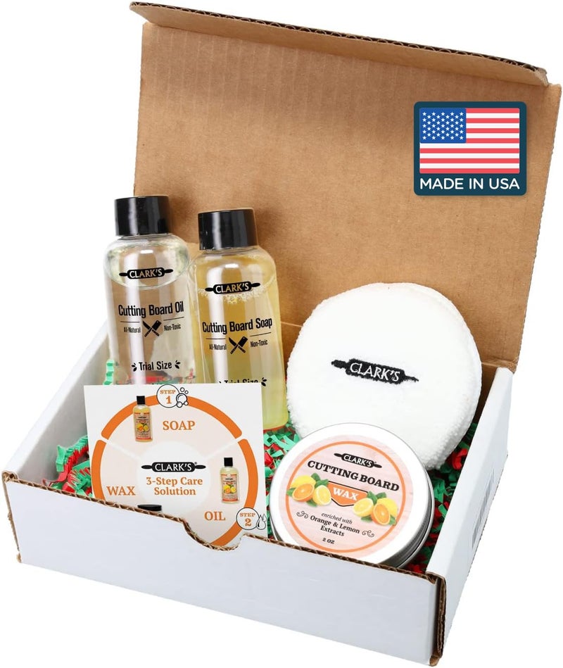 CLARKS Cutting Board Care Kit Includes Wood Cutting Board Oil Soap Wax and Buffing Pad Food Grade Mineral Oil for Wood Cutting Board Housewarming Gift Set for Newly Married Women Girlfriend