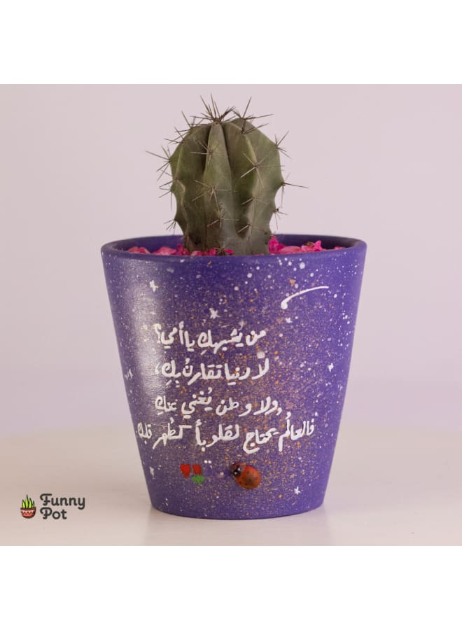 Decorative Handmade Pottery Plant Pot with natural cactus - galaxy purple - 18*10cm