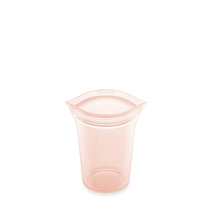REUSABLE FOOD STORAGE BAGS SMALL CUP PEACH SILICONE MEAL PREP CONTAINER MICROWAVE DISHWASHER AND FREEZER SAFE MADE IN THE USA